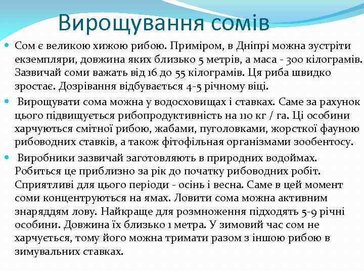 Вирощування сомів Сом є великою хижою рибою. Приміром, в Дніпрі можна зустріти екземпляри, довжина