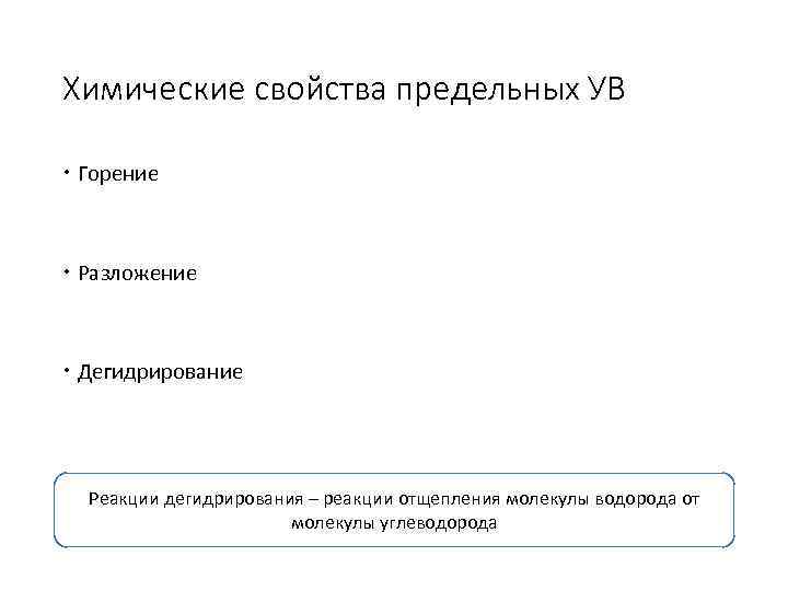 Химические свойства предельных УВ Горение Разложение Дегидрирование Реакции дегидрирования – реакции отщепления молекулы водорода