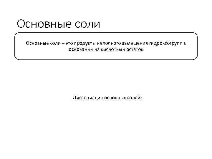 Основные соли – это продукты неполного замещения гидроксогрупп в основании на кислотный остаток Диссоциация