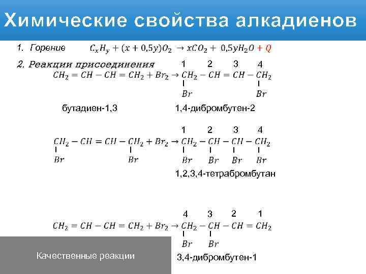 Химические свойства алкадиенов 1. Горение 1 2 3 бутадиен-1, 3 4 1, 4 -дибромбутен-2