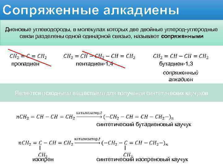 Сопряженные алкадиены Диеновые углеводороды, в молекулах которых две двойные углерод-углеродные связи разделены одной одинарной
