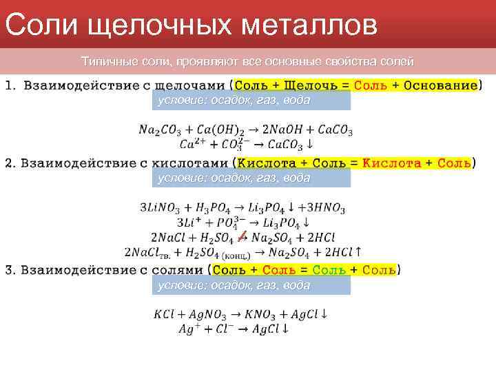 Соли щелочных металлов Типичные соли, проявляют все основные свойства солей условие: осадок, газ, вода