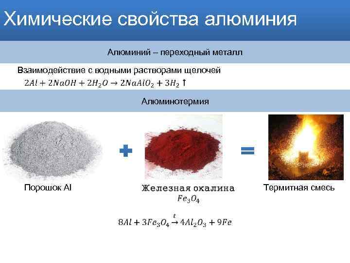 Химические свойства алюминия Алюминий – переходный металл Взаимодействие с водными растворами щелочей Алюминотермия Порошок