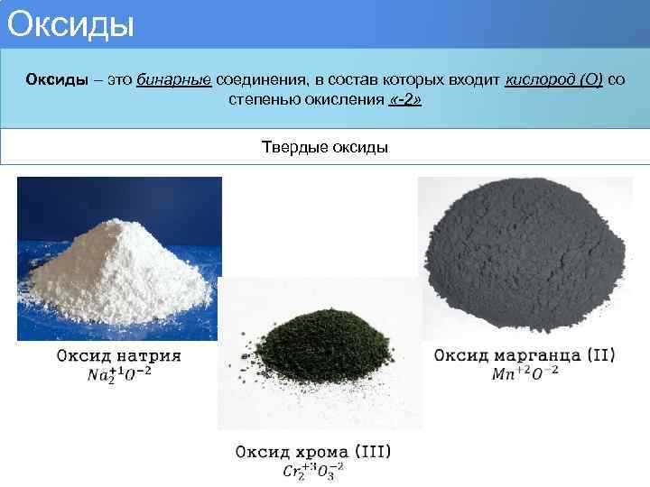 Оксиды – это бинарные соединения, в состав которых входит кислород (О) со степенью окисления