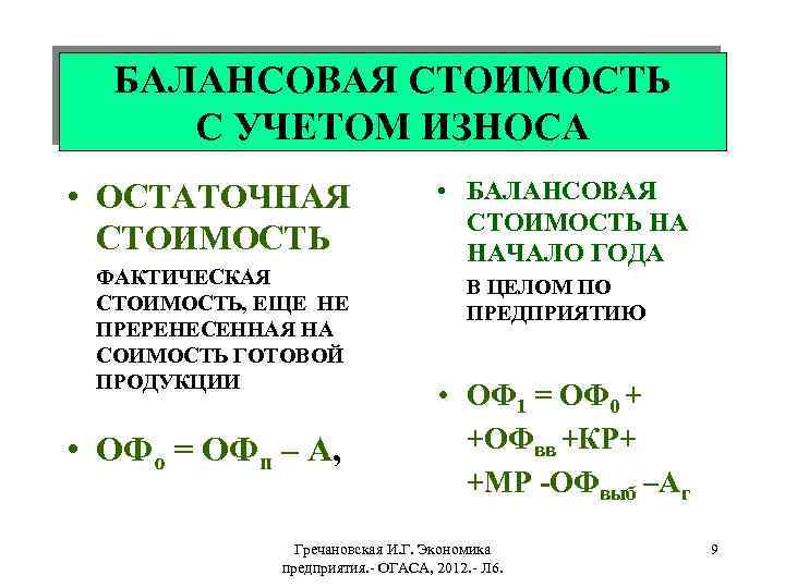 БАЛАНСОВАЯ СТОИМОСТЬ С УЧЕТОМ ИЗНОСА • ОСТАТОЧНАЯ СТОИМОСТЬ ФАКТИЧЕСКАЯ СТОИМОСТЬ, ЕЩЕ НЕ ПРЕРЕНЕСЕННАЯ НА