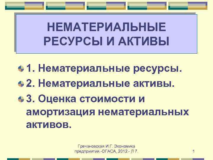 НЕМАТЕРИАЛЬНЫЕ РЕСУРСЫ И АКТИВЫ 1. Нематериальные ресурсы. 2. Нематериальные активы. 3. Оценка стоимости и