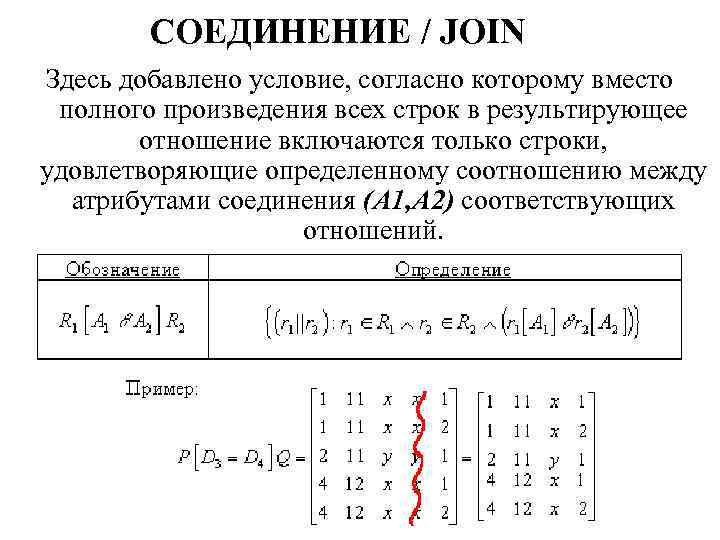 СОЕДИНЕНИЕ / JOIN Здесь добавлено условие, согласно которому вместо полного произведения всех строк в