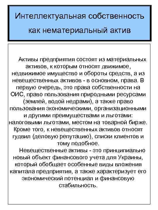 Интеллектуальная собственность как нематериальный актив Активы предприятия состоят из материальных активов, к которым относят