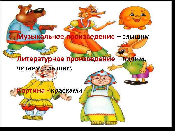 - Музыкальное произведение – слышим - Литературное произведение – видим, читаем, слышим - Картина