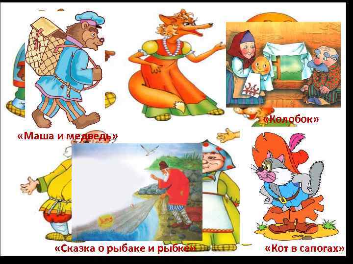  «Колобок» «Маша и медведь» «Сказка о рыбаке и рыбке» «Кот в сапогах» 