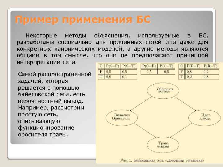 Пример применения БС Некоторые методы объяснения, используемые в БС, разработаны специально для причинных сетей