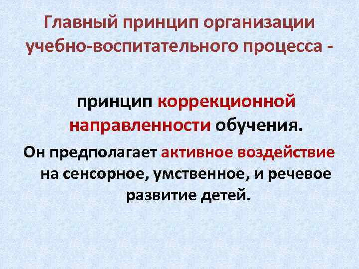 Главный принцип организации учебно-воспитательного процесса принцип коррекционной направленности обучения. Он предполагает активное воздействие на