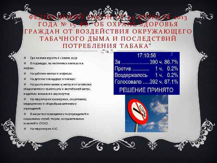 ФЕДЕРАЛЬНЫЙ ЗАКОН ОТ 23 ФЕВРАЛЯ 2013 ГОДА № 15 -ФЗ “ОБ ОХРАНЕ ЗДОРОВЬЯ ГРАЖДАН