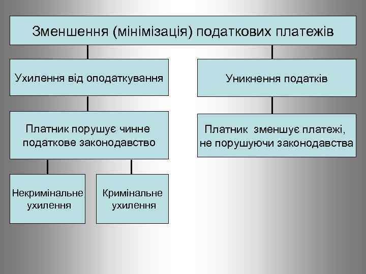 Зменшення (мінімізація) податкових платежів Ухилення від оподаткування Уникнення податків Платник порушує чинне податкове законодавство