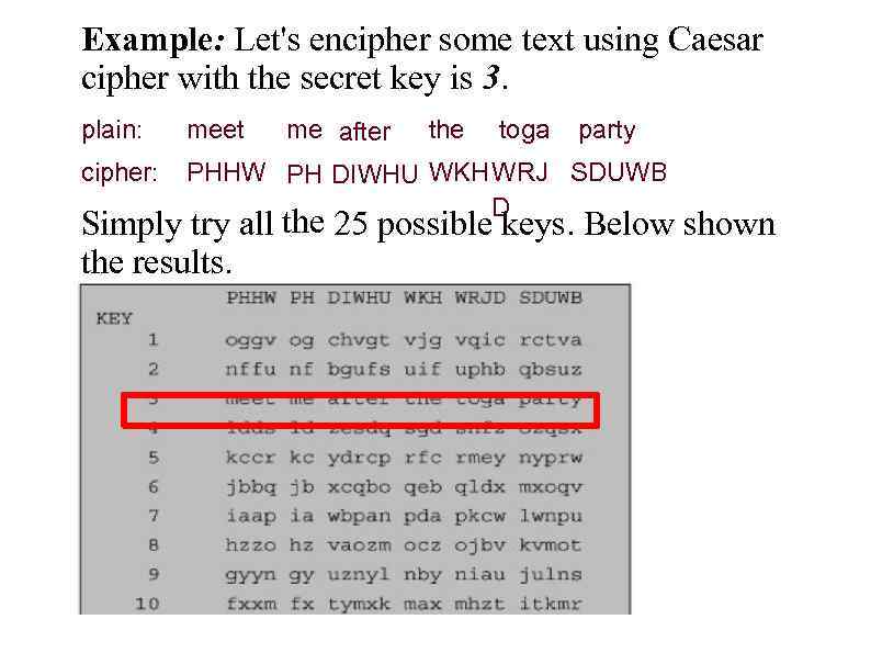 Example: Let's encipher some text using Caesar cipher with the secret key is 3.