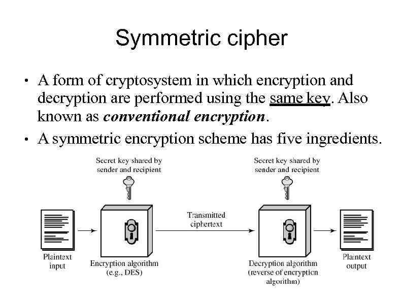 Symmetric cipher ● ● A form of cryptosystem in which encryption and decryption are