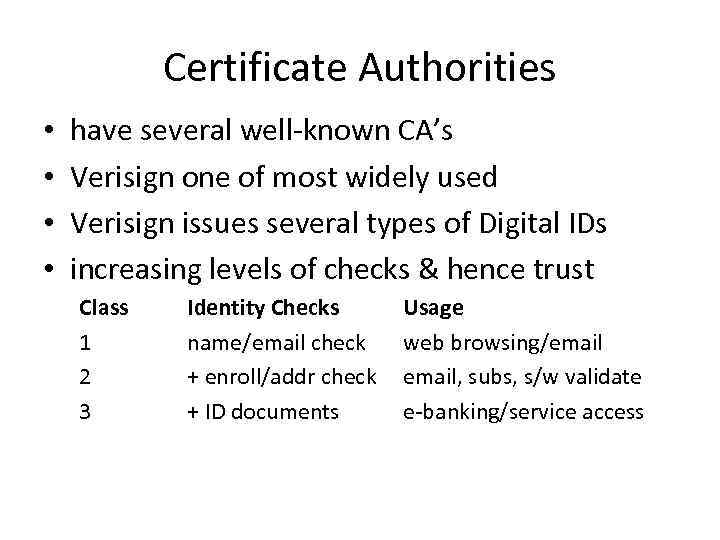 Certificate Authorities • • have several well-known CA’s Verisign one of most widely used