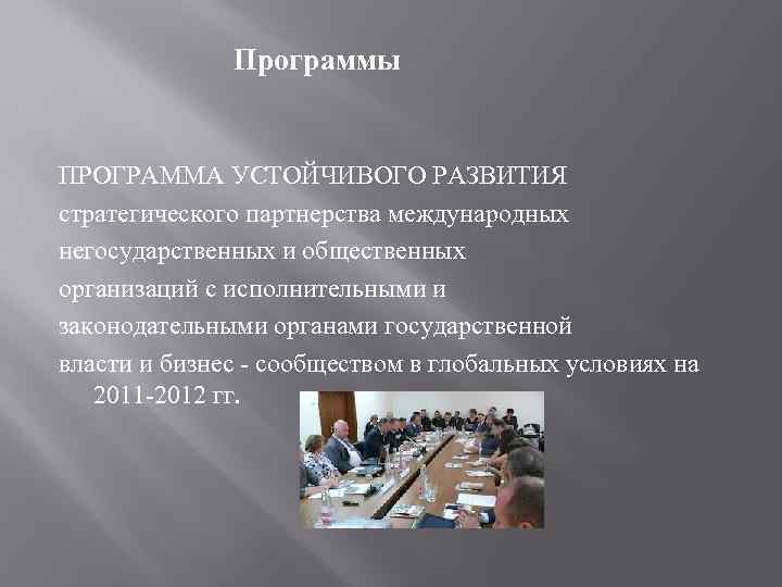  Программы ПРОГРАММА УСТОЙЧИВОГО РАЗВИТИЯ стратегического партнерства международных негосударственных и общественных организаций с исполнительными