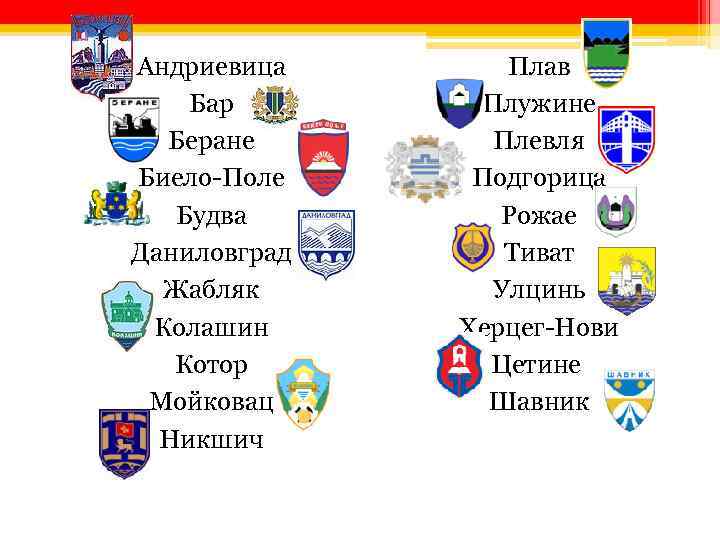Андриевица Бар Беране Биело-Поле Будва Даниловград Жабляк Колашин Котор Мойковац Никшич Плав Плужине Плевля