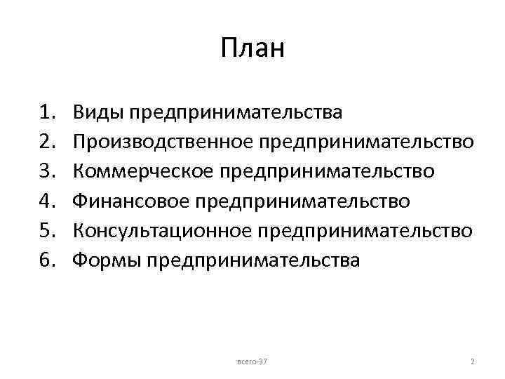 План 1. 2. 3. 4. 5. 6. Виды предпринимательства Производственное предпринимательство Коммерческое предпринимательство Финансовое