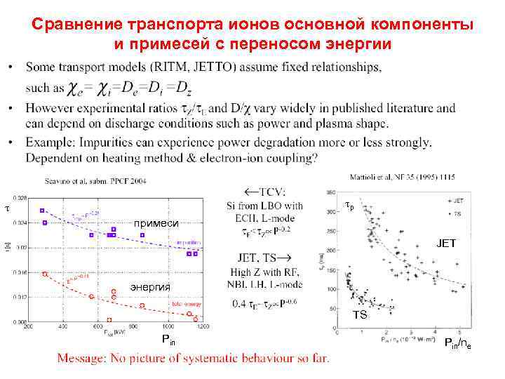 Сравнение транспорта ионов основной компоненты и примесей с переносом энергии p примеси JET энергия