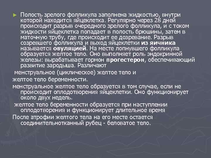 Полость зрелого фолликула заполнена жидкостью, внутри которой находится яйцеклетка. Регулярно через 28 дней происходит