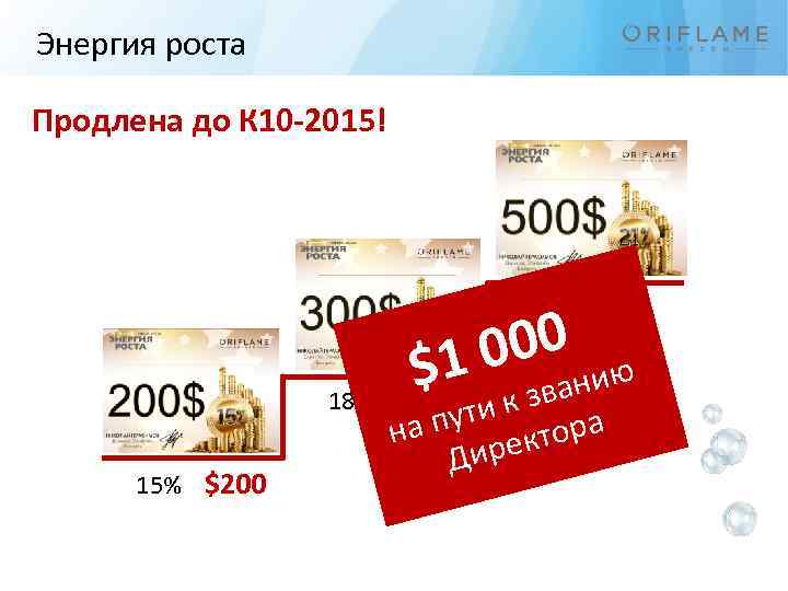 Энергия роста Продлена до К 10 -2015! 21% $500 18% 15% $200 00 10