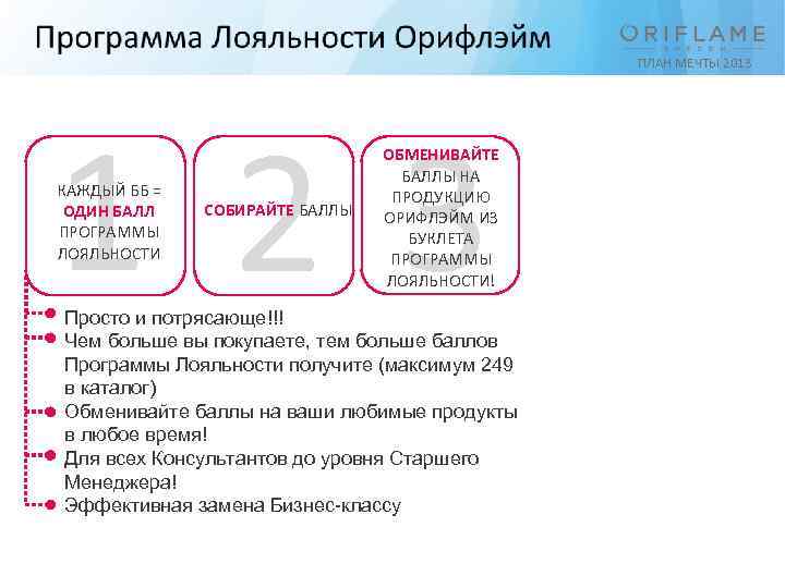 ПЛАН МЕЧТЫ 2013 1 2 3 КАЖДЫЙ ББ = ОДИН БАЛЛ ПРОГРАММЫ ЛОЯЛЬНОСТИ СОБИРАЙТЕ