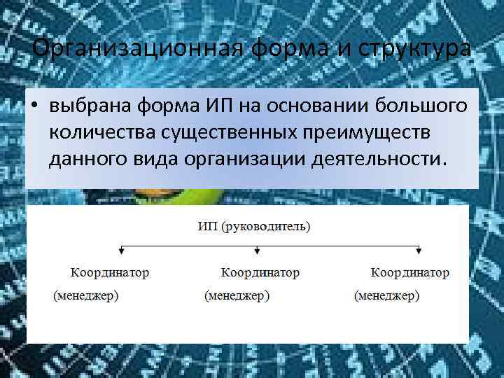 Организационная форма и структура • выбрана форма ИП на основании большого количества существенных преимуществ