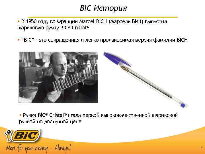 BIC История § В 1950 году во Франции Marcel BICH (Марсель БИК) выпустил шариковую