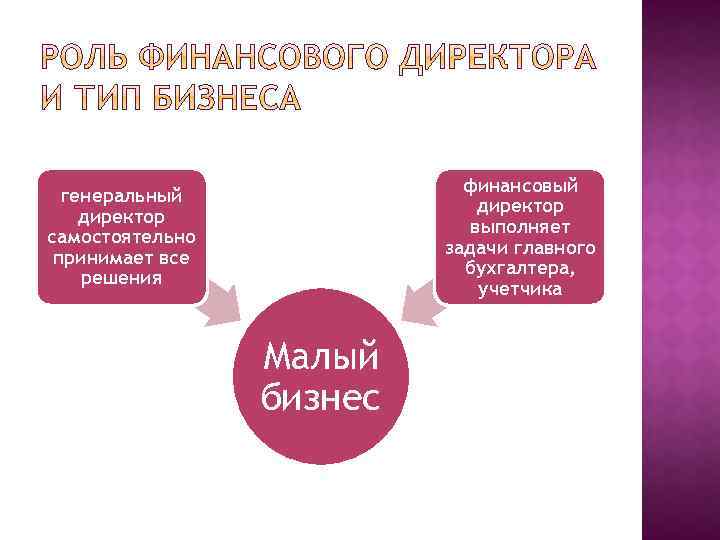 финансовый директор выполняет задачи главного бухгалтера, учетчика генеральный директор самостоятельно принимает все решения Малый