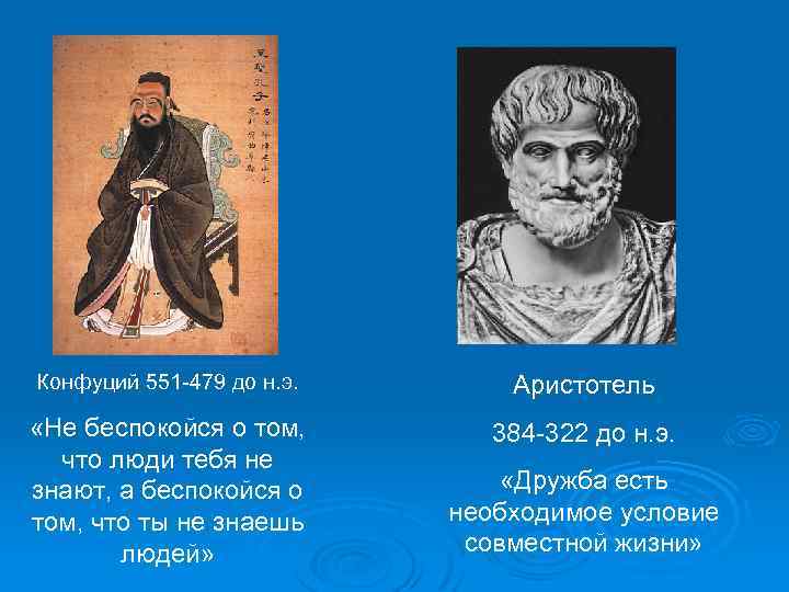 Конфуций 551 -479 до н. э. Аристотель «Не беспокойся о том, что люди тебя