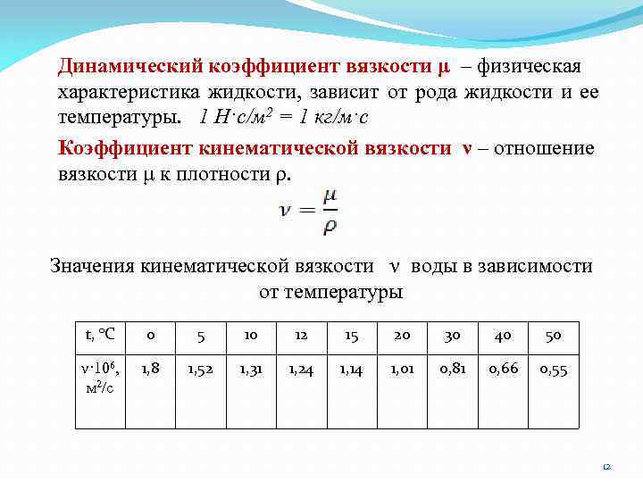 Динамический коэффициент вязкости μ – физическая характеристика жидкости, зависит от рода жидкости и ее