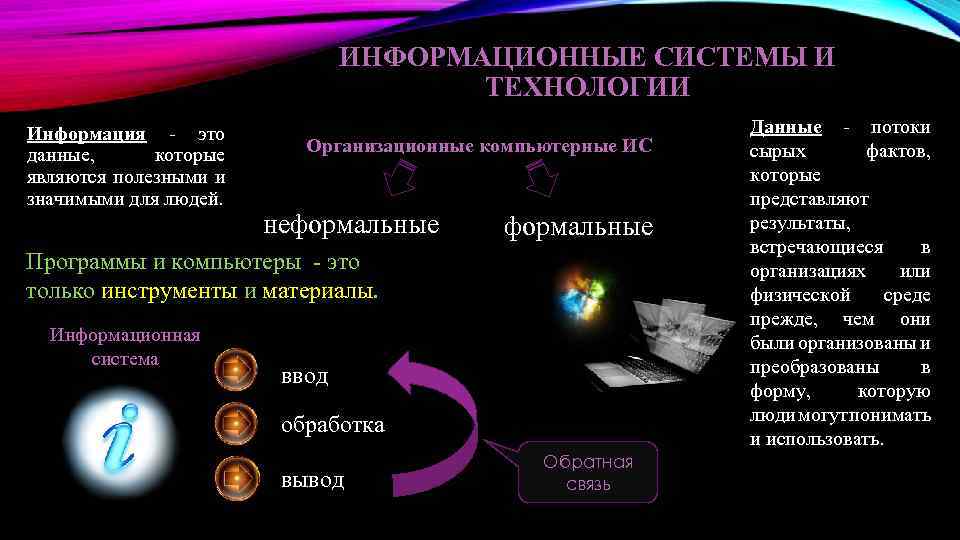 ИНФОРМАЦИОННЫЕ СИСТЕМЫ И ТЕХНОЛОГИИ Информация - это данные, которые являются полезными и значимыми для