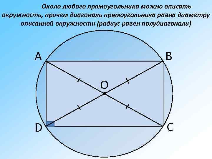 Пересечение диагоналей четырехугольника вписанного в окружность. Центр описанной около прямоугольника окружности лежит на. Около любого прямоугольника можно описать окружность. Окружность описанная около прямоугольника. Круг вписанный в прямоугольник.
