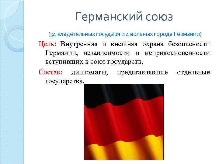 Германский союз (34 владетельных государя и 4 вольных города Германии) Цель: Внутренняя и внешняя