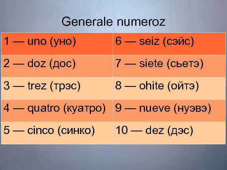 Generale numeroz 1 — uno (уно) 6 — seiz (сэйс) 2 — doz (дос)