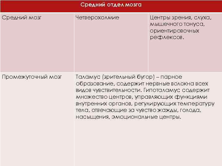 Средний отдел мозга Средний мозг Четверохолмие Центры зрения, слуха, мышечного тонуса, ориентировочных рефлексов. Промежуточный