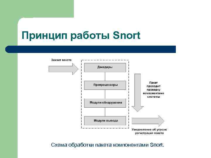 Принцип работы Snort Схема обработки пакета компонентами Snort. 