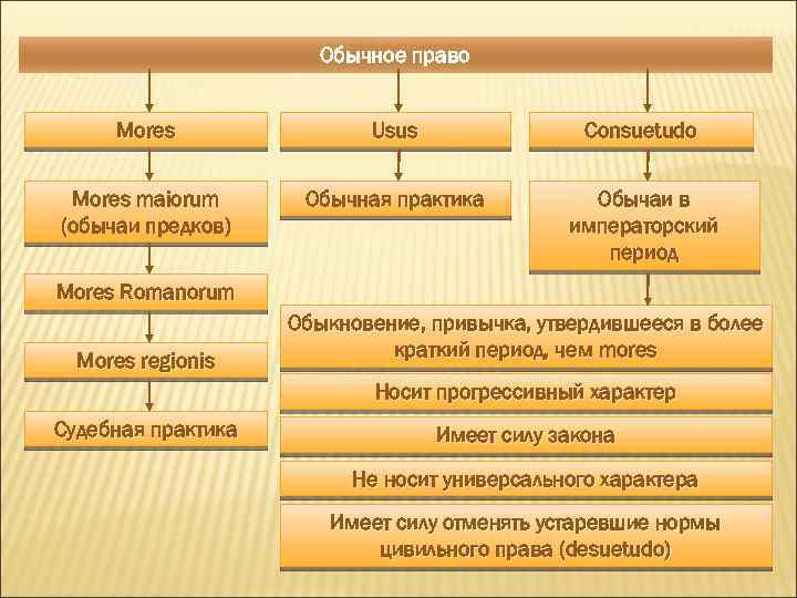 Обычное право Мores Usus Consuetudo Мores maiorum (обычаи предков) Обычная практика Обычаи в императорский