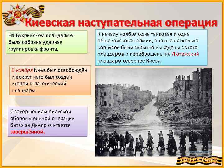 Киевская наступательная операция На Букринском плацдарме была собрана ударная группировка фронта. 6 ноября Киев