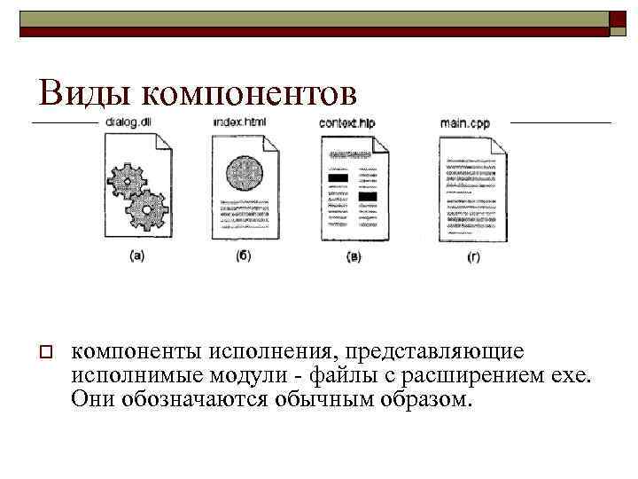 Виды компонентов o компоненты исполнения, представляющие исполнимые модули - файлы с расширением ехе. Они