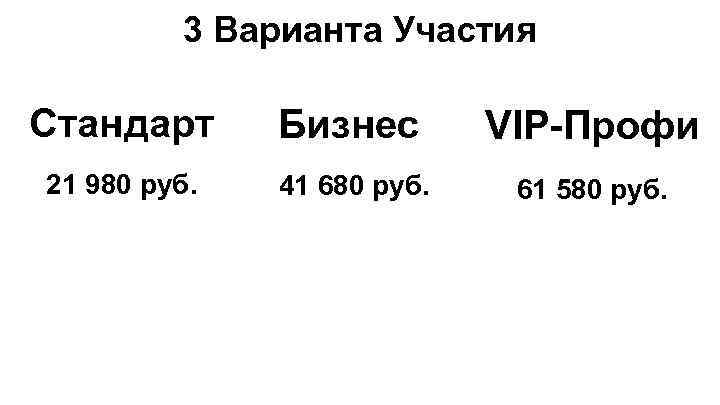 3 Варианта Участия Стандарт Бизнес VIP-Профи 21 980 руб. 41 680 руб. 61 580