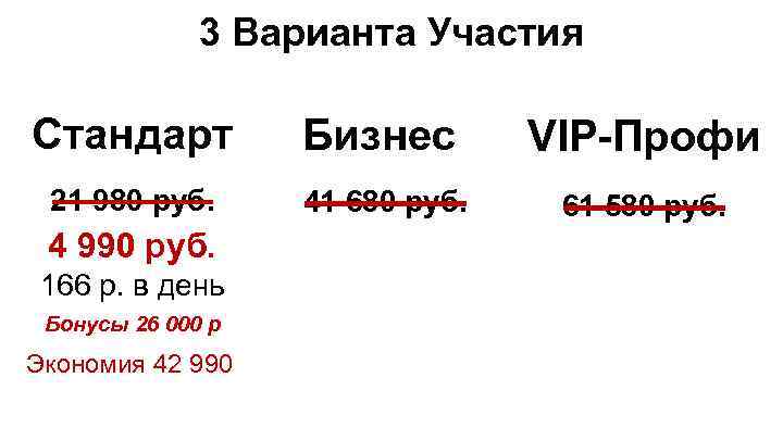 3 Варианта Участия Стандарт Бизнес VIP-Профи 21 980 руб. 41 680 руб. 61 580