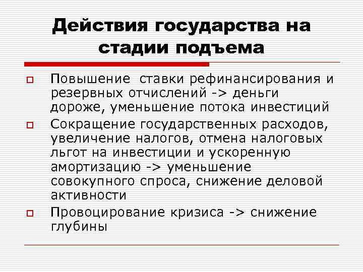 Действия государства на стадии подъема o o o Повышение ставки рефинансирования и резервных отчислений