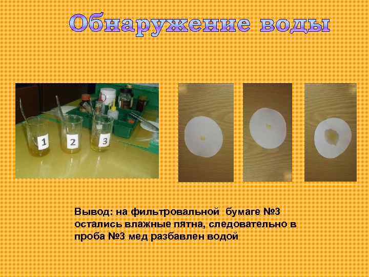  Вывод: на фильтровальной бумаге № 3 остались влажные пятна, следовательно в проба №