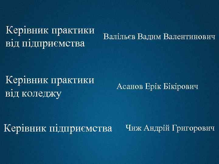 Керівник практики від підприємства Валільєв Вадим Валентинович Керівник практики від коледжу Асанов Ерік Бікірович