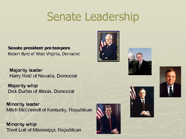 Senate Leadership Senate president pro tempore Robert Byrd of West Virginia, Democrat Majority leader