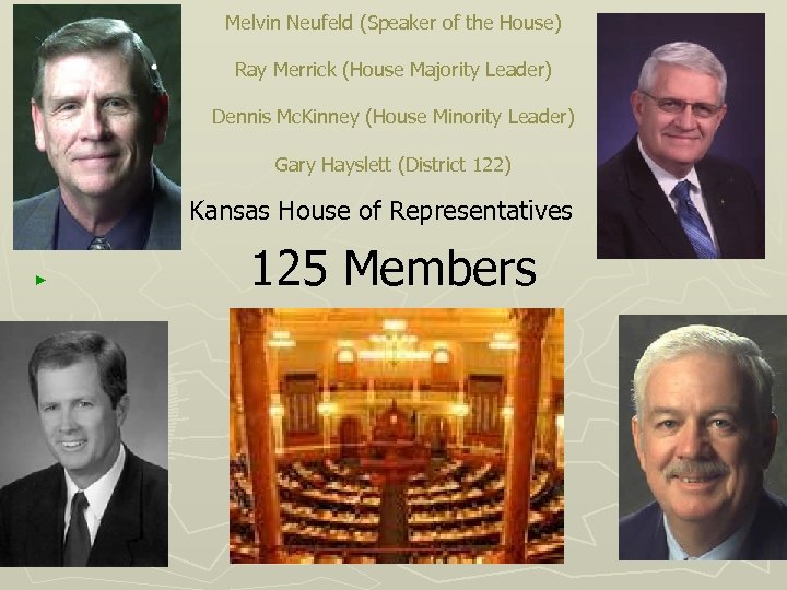 Melvin Neufeld (Speaker of the House) Ray Merrick (House Majority Leader) Dennis Mc. Kinney