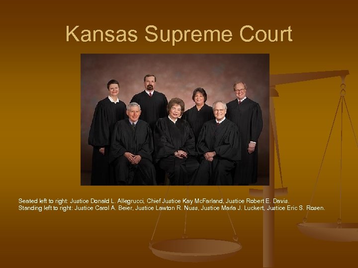 Kansas Supreme Court Seated left to right: Justice Donald L. Allegrucci, Chief Justice Kay